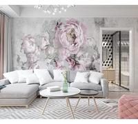 DECO Perso Papier Peint Intissé Panoramique Fleur de Pivoine Rose et Gris - Toison Mur XXL - Décoration murale - Wall Paper - Poster Géant 3D (2,50 m x 3,55 m)