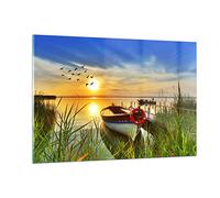 Deco Salon Bateau Lac Coucher de soleil l'été les gens Moderne Impression sur Verre 120x80cm Image Tableau en Verre Decoration Murale Horizontal Art Grand XXL Tableaux Decoratifs GAA120x80-3053
