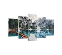 Deco Salon Bateaux Montagnes Port Moderne Impression sur Verre 160x85cm Image Tableau en Verre Decoration Murale Chambre Triptyque 5 parties Art Grand XXL Tableaux Decoratifs Muraux GEA160x85-5068