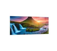Deco Salon Coucher de soleil Cascade Islande volcan Moderne Impression sur Verre 120x50cm Image Tableau en Verre Decoration Murale Chambre Panoramique Art Grand Tableaux Decoratifs GAB120x50-2963