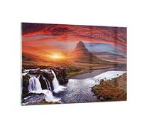 Deco Salon Kirkjufell Chute D'Eau Montagne Moderne Impression sur Verre 120x80cm Image Tableau en Verre Decoration Murale Chambre Horizontal Art Grand XXL Tableaux Decoratifs Muraux GAA120x80-4704