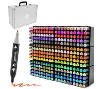 Deco Time Marqueurs à Alcool Jumeaux avec Plateau de Rangement Empilable et Étui d’Art Portable - 300 Marqueurs à Double Pointe Fine et Pinceau - Feutres de Marquage Colorés pour Adultes, Enfants