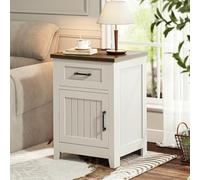 Decofy Table de chevet rustique avec station de charge, un tiroir, une porte (1, blanc + noyer)