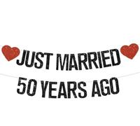 DecoGlee Bannière noire à paillettes « Just Married 50 Years Ago » | Bannière noire à paillettes « Just Married 50 Years Ago » - Pas de bricolage - Guirlande décorative pour 50e anniversaire de