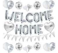DecoGlee Décorations de bienvenue pour la maison, bannière de ballons argentés de 40,6 cm, confettis argentés, fanions pour fête de retrouvailles, pendaison de crémaillère, fête de famille