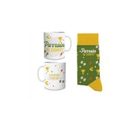 DECOHO - Coffret Mug Parrain de Compét - Cadeau original céramique et chaussettes confortables - Design haltères jaune vert - Mug 33 cl, Multicolore