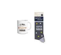 DECOHO - Coffret Mug Super Parrain - Cadeau original céramique et coton - Mug 33 cl blanc, chaussettes grises confortables, boîte cadeau - Multicolore