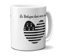 DECOHO - Mug Bretagne dans mon cœur - Tasse cadeau symbole Breton - 33 ramique - Imprimé en France - Blanc