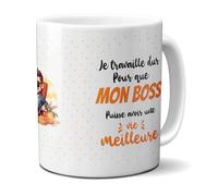 DECOHO Mug Je travaille pour que mon Boss puisse avoir une vie meilleure - Cadeau Anniversaire ou Noël pour Patron - Imprimé en France