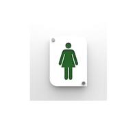 DECOHO - Pictogramme toilettes femmes - Plaque porte PMMA blanc design - Fond personnalisable - 20x15 cm, 2 plaques 3 mm, fixation inox 13 mm - Blanc/Vert foncé