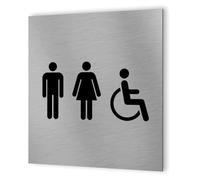 DECOHO - Pictogramme WC format 20 cm x 20 cm en Dibond Aluminium brossé - Modèle toilettes TRIO - Argent