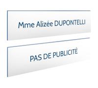 DECOHO - Plaque Boite aux Lettres Personnalisable - Lot de 2 plaques adhésives Blanches Lettres Bleues - 100 x 25 mm, Gravure Laser,