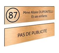 DECOHO - Plaque Boite aux Lettres Personnalisable - Lot de 2 plaques adhésives en Plastique 100x25 mm - Cuivre brossé et Stop pub - Gravu - Cuivre