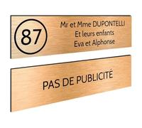 DECOHO - Plaque Boite aux Lettres Personnalisable - Lot de 2 plaques adhésives en Plastique 100x25 mm - Cuivre brossé et Stop pub - Gravu - Cuivre