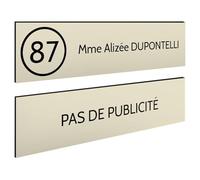 DECOHO - Plaque Boite aux Lettres Personnalisable - Lot de 2 plaques adhésives en Plastique Beige Noir - Format 100x25 mm - Gravure Laser - Beige