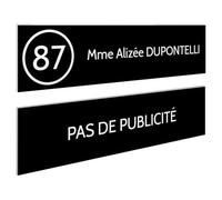 DECOHO - Plaque Boite aux Lettres Personnalisable - Lot de 2 plaques adhésives en Plastique Noir Blanc - Format 100x25 mm - Gravure Laser - Noir