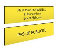 DECOHO - Plaque Boite aux Lettres Personnalisable - Lot de 2 plaques adhésives - Jaune Lettres Noires - 100 x 25 mm, Gravure Laser, Jaune