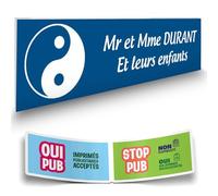 DECOHO - Plaque Boite aux Lettres Personnalisable - Plaque adhésive Plastique 100x25 mm - Bleu Gravure Laser Blanche - 2 Lignes + Sticker - Bleu