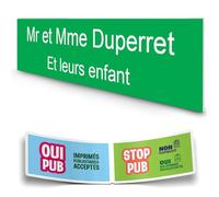 DECOHO - Plaque Boite aux Lettres Personnalisable - Plaque nom+1 Sticker Stop pub Offert - Plaque Boite aux Lettres adhésive 100 x 25 mm - Format Decayeux -2 Lignes - Vert