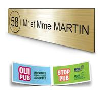 DECOHO - Plaque Boite aux Lettres Personnalisable - Plaque nom et numéro Boite aux Lettres+1 Sticker Stop pub Offert - Plaque Boite aux Lettres adhésive 100 x 25 mm - 1 ligneOr - Or