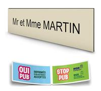 DECOHO - Plaque Boite aux Lettres personnalisée adhésive 100x25mm - Beige Lettres Noires - 1 Ligne Gravure Laser + Stickers Stop Pub - Beige