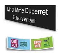 DECOHO - Plaque Boite aux Lettres personnalisée adhésive 100x25mm - Noir Lettres Blanches - 2 Lignes Gravure Laser + Stickers Stop P - Noir