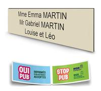 DECOHO - Plaque Boite aux Lettres personnalisée adhésive 100x25mm - PMMA Beige Lettres Noires - 3 Lignes Gravure Laser + Stickers Stop PU - Beige
