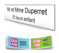 DECOHO - Plaque Boite aux Lettres personnalisée adhésive 100x25mm - PMMA Blanc Lettres Noires - 2 Lignes Gravure Laser - Stickers Stop PU - Blanc