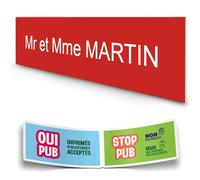 DECOHO - Plaque Boite aux Lettres personnalisée adhésive 100x25mm - Rouge Lettres Blanches - 1 Ligne Gravure Laser + Stickers Stop P - Rouge