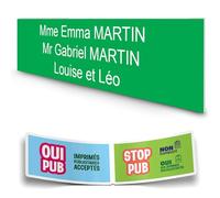 DECOHO - Plaque Boite aux Lettres personnalisée adhésive 100x25mm - Vert Pomme - 3 Lignes Gravure Laser - Stickers Stop Pub offerts - Vert