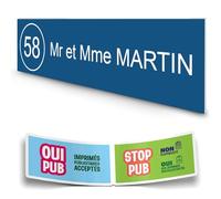 DECOHO - Plaque boite aux lettres personnalisée adhésive - bleu lettres blanches - 100x25 mm + stickers STOP PUB offerts - Bleu