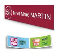 DECOHO - Plaque boîte aux lettres personnalisée adhésive - bordeaux lettres blanches - 100x25 mm + stickers STOP PUB offerts - Bordeaux