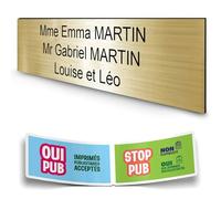 DECOHO - Plaque boîte aux Lettres personnalisée adhésive - Plastique 1,6 mm - Or brossé, 3 Lignes, Stickers Stop Pub offerts, 100x25 mm - Or