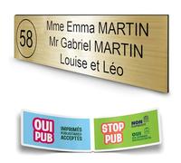 DECOHO - Plaque boîte aux Lettres personnalisée adhésive - Plastique 1,6 mm Or brossé Lettres Noires - 100x25 mm 3 Lignes + Stickers Stop - Or