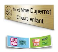DECOHO - Plaque boîte aux Lettres personnalisée adhésive - Plastique 1,6 mm Or brossé Lettres Noires - 100x25 mm + Stickers Stop PUB offe - Or