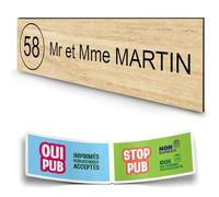 DECOHO - Plaque Boite aux Lettres personnalisée adhésive - Plastique bi-Couche Effet Bois Clair Lettres Noires - 100x25 mm + Stickers Stop PUB offerts - Marron