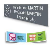 DECOHO - Plaque boite aux lettres personnalisée adhésive - plastique bi-couche gris lettres blanches - 100x25 mm, 3 lignes, stickers STOP PUB offerts - Gris