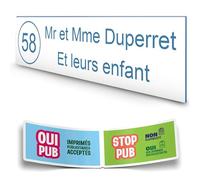 DECOHO - Plaque Boite aux Lettres personnalisée adhésive - Plastique Blanc Lettres Bleues - 100x25 mm, 2 Lignes, Stickers Stop PUB Offert - Blanc