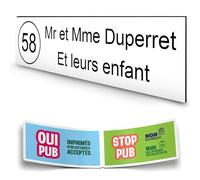 DECOHO - Plaque Boite aux Lettres personnalisée adhésive - Plastique Blanc Lettres Noires - 100x25 mm, 2 Lignes, Stickers Stop PUB Offert - Blanc