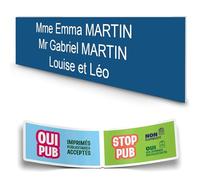 DECOHO - Plaque Boite aux Lettres personnalisée adhésive - Plastique Durable Bleu Lettres Blanches - 100x25 mm, 3 Lignes, Stickers Stop P - Bleu