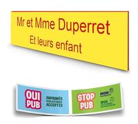 DECOHO - Plaque Boite aux Lettres personnalisée adhésive - Plastique Durable Jaune Lettres Rouges - 100x25 mm 2 Lignes + Stickers Stop PU - Jaune