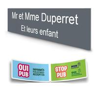 DECOHO - Plaque boite aux lettres personnalisée adhésive - plastique gris waterproof - 100x25 mm - 2 lignes + stickers Stop Pub offerts - Gris