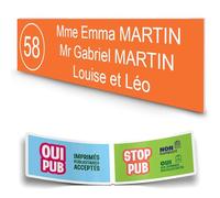 DECOHO - Plaque Boite aux Lettres personnalisée adhésive - PMMA Orange Lettres Blanches - 100x25 mm 3 Lignes + Stickers Stop PUB offerts - Orange