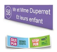DECOHO - Plaque Boite aux Lettres personnalisée adhésive - Violet Lettres Blanches - 100x25 mm + Stickers Stop PUB offerts - Violet