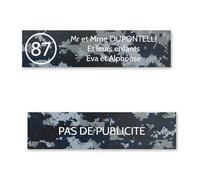 DECOHO Plaque nom avec numéro + Plaque Stop Pub Boite aux Lettres Format Edelen (99x24mm) Camo Bleu Lettres Blanches 3 Lignes