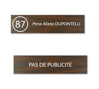 DECOHO Plaque nom avec numéro + Plaque Stop Pub Boite aux Lettres Format Edelen (99x24mm) Effet Bois foncé 1 Ligne