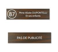 DECOHO Plaque nom avec numéro + Plaque Stop Pub Boite aux Lettres Format Edelen (99x24mm) Effet Bois foncé 2 Lignes