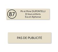 DECOHO Plaque nom avec numéro + Plaque Stop Pub pour Boite aux Lettres Format Edelen (99x24mm) Beige Lettres Noires - 3 Lignes