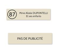 DECOHO Plaque nom avec numéro + Plaque Stop Pub pour Boite aux Lettres Format Edelen (99x24mm) Beige Lettres Noires - 2 Lignes
