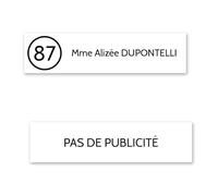 DECOHO Plaque nom avec numéro + Plaque Stop Pub pour Boite aux Lettres Format Edelen (99x24mm) Blanche Lettres Noires - 1 Ligne